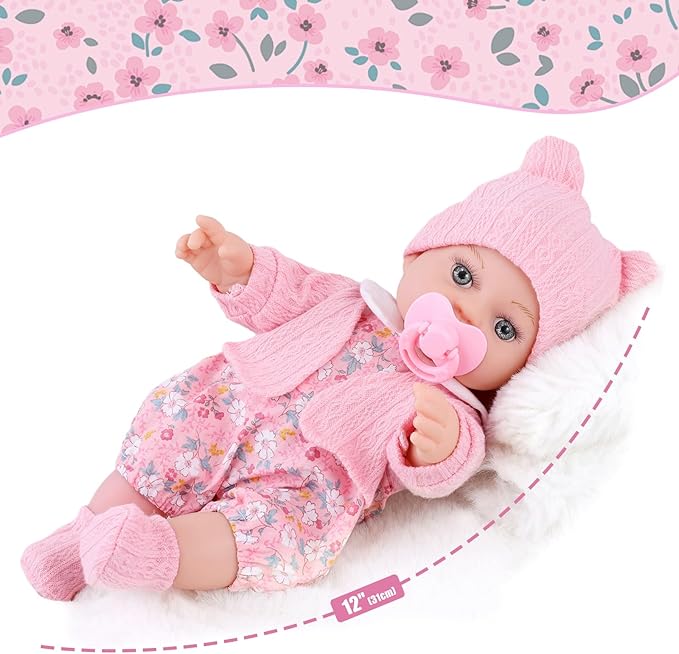 12" Baby Doll Set with Clothes and Baby Carrier for Dolls Reborn Baby Doll Accessories Include Feeding Bottles Nipple Toy Stuffs for Kids Age 3+