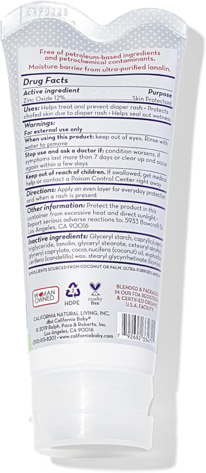 California Baby Super Sensitive Diaper Rash Cream | 100% Bio-Based | Zinc Oxide Ointment | Unscented Diaper Cream | Cloth Diapers Safe | 82 g / 2.9 oz