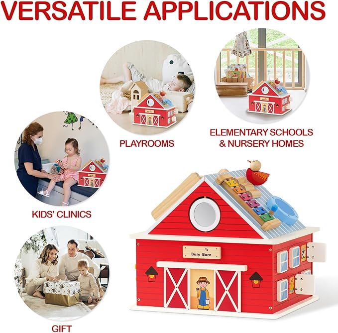 Monläurd® Wooden Farm Activity Center for Toddlers 1-3, 12-in-1 Montessori Busy Board Sensory Play Center, Large Barn Activity Cube Toy for Baby Fine Motor Skills, Daycare & Preschool Learning