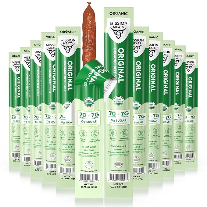Mission Meats 100% Certified Organic Beef Sticks – Pasture-Raised, Zero Sugar, Non-GMO, Healthy Individually Wrapped Meat Sticks Snack, 0.75oz (24 Count)