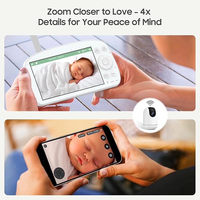 Smart WiFi Baby Monitor with Camera and Audio, 5.5” 1080P Wall-Mountable Display, 360° Pan & Tilt, HD Night Vision, Soothing Music, Multi-User Support, Two-Way Talk, Temperature & Motion Detection