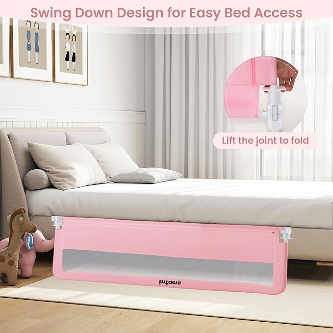 INFANS Bed Rail for Toddlers, 59" Foldable Safety Baby Crib Rail Fit for Kids Twin, Extra Long Swing Down Bed Guardrail for Convertible Crib, Queen, Full, King Mattress Side Guard (Pink)