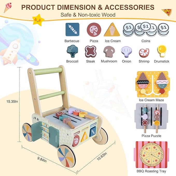 Wooden Baby Walker, Baby Push Walker, Montessori Kitchen Walker Toy, Push and Pull Learning Activity Walkers, Baby Walker with Wheels for Boys&Girls 12 Months, Baby Walker Push Toy Gifts for Toddler