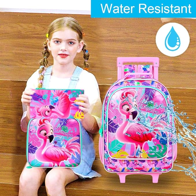 Girls Rolling Backpack, Cute Flamingo Roller Wheels Kids Bookbag - Wheeled Elementary School Bag - 3PCS Flamingo