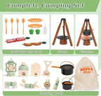 Kids Camping Toys Set - Pretend Play Camping Set with Food Toy, Spray Stove, Oil Lantern, Binoculars, Compass, Tableware, Watch & Storage Bag, Birthday for Ages 3+