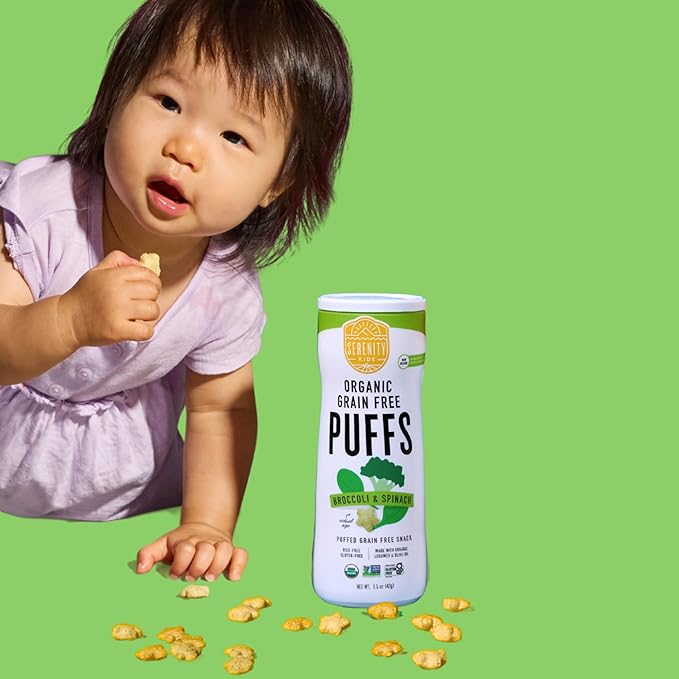 Serenity Kids 6+ Months Grain-Free Allergen-Safe Toddler & Baby Puffs - No Grains, Gluten, Nuts, Rice - Organic Veggies, Legumes, Olive Oil Baby Snacks - 1.5 Ounce, Pack of 6, Broccoli & Spinach
