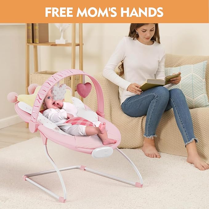Baby Bouncer, Portable Baby Bouncer with Music, Soothing Vibrations Infant Bouncer Seat for 0-6 Months 6-20 lbs(Pink)