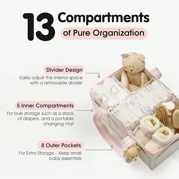 PeraBella XL Diaper Caddy Organizer With Handle, Baby Shower Gifts Basket Bag, Registry Search Must Haves Items, Newborn Girl Boy Nursery Storage Organizer, Baby Bag Essentials, Car Diaper Caddy Cart