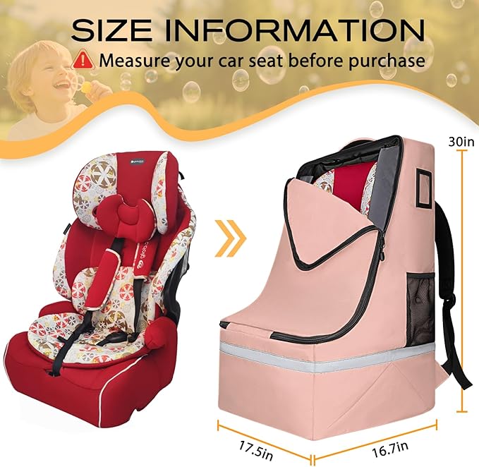 Car Seat Travel Bag for Airplane,Infant Seat Travel Bag with Shoulder Strap,Padded Car Seats Backpack with Reflective Stripes,Large Carseat Carrier Bag Travel Car Seat Cover,Flesh Pink