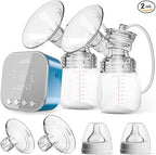 Double Electric Breast Pump Strong Suction, Portable Breast Pump Electric Breastfeeding Pump, Rechargeable Milk Pump with 4 Modes & 9 Levels, Low Noise, Anti-Backflow & LED Display, 24mm Flange, Blue