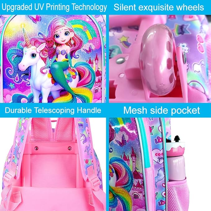 Girls Rolling Backpack, Cute Mermaid Roller Wheels Kids Bookbag - Wheeled Elementary School Bag - 3PCS Mermaid