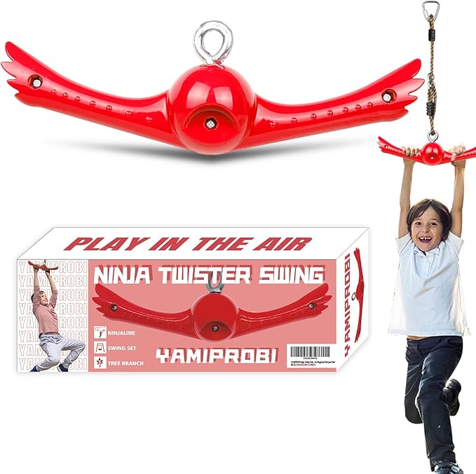 Ninja-Twister Swing Spins Set: Slackline Attachments - 360° Handle Twist-Spin Flips Toy Activate Ninja Powers Warrior Accessories Kids Hang Toys for Playground Backyard, Red