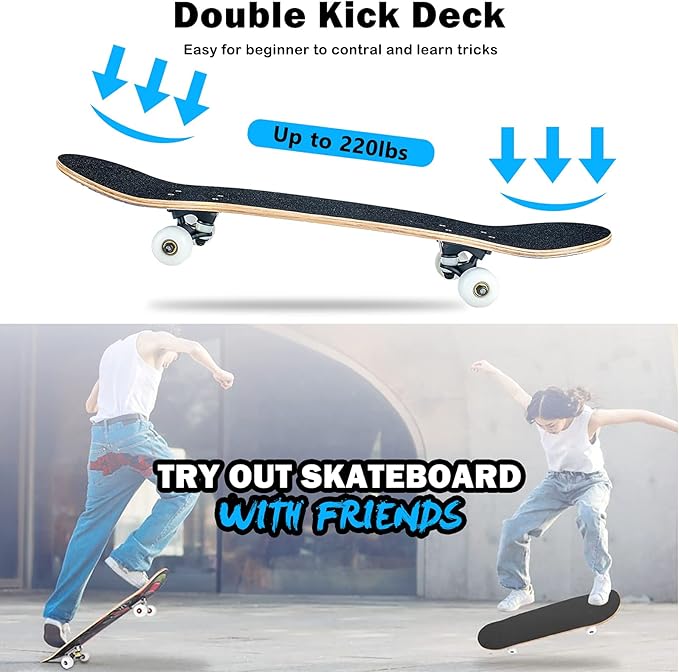 Skateboard,31 x 8 Inch Complete Skateboard, 8-Layer Maple Wood Deck Double Kick Standard Skateboards for Kids, Teens, Adult, Beginner