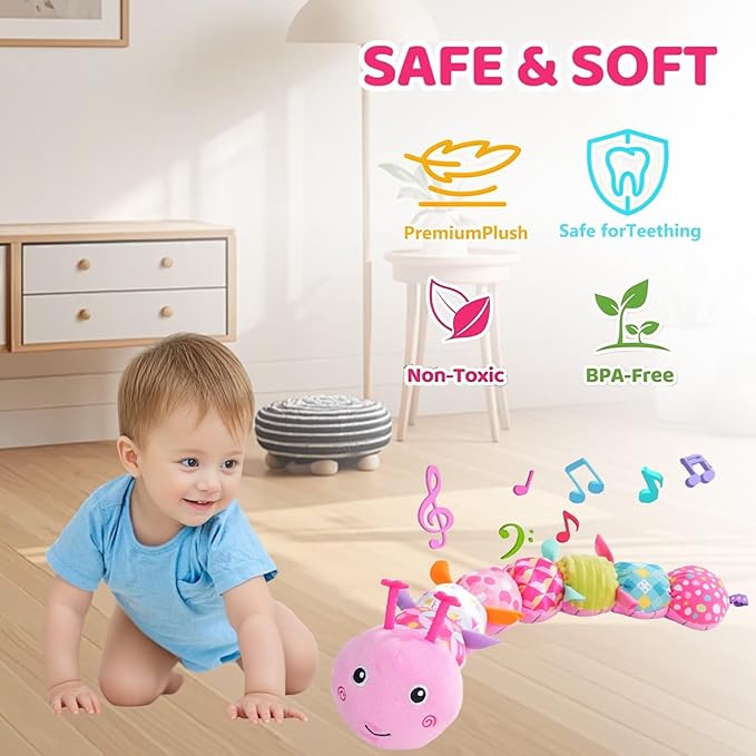 Baby Sensory Toys 0-12 Months, Plush Toys with Music and Rattle, Suitable for Newborn Baby Tummy time, can be Used as a Newborn Birthday, Holiday, Baptism Gift (Pink Caterpillar)