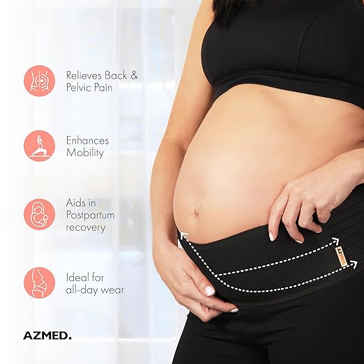 AZMED Maternity Belt Back Support - Adjustable Abdominal Binder for Pregnancy - Belly Band for Pelvic, Waist & Lower Back Comfort - Fits Up to 46 Inches - Black