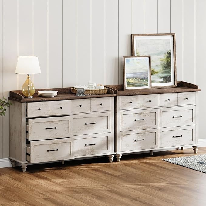 WAMPAT 2 Pack Kids Dresser with 12 Drawers, 2-in-1 Baby Dresser for Bedroom & Kids Room, Rustic Chests & Dressers Wooden Closet Organizer for Children’s Bedroom, Antique White