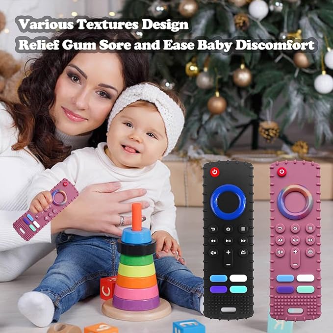 2-Pack Silicone Baby Teething Toys, TV Remote Teethers for 6-12-18 Months Infant, Fire Stick Remote Control Shape Baby Silicone Teethers, Chew Toys for Boys and Girls (New-F Black+R Purple)