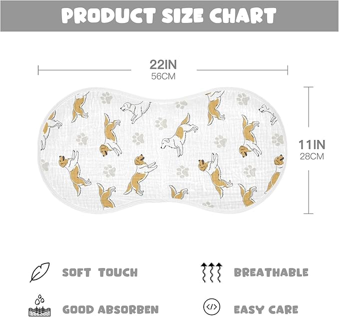 1 Pack Muslin Burp Cloths Golden Dogs Paw Prints White Cotton Baby Burp Cloths Ultra Absorbent and Soft Burping Cloth for Newborn Boys Girls 22x11 Inch