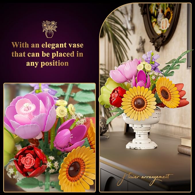 JAKI Artificial Flowers Arrangement Building Sets, 9.8in Botanicals Bouquet Building Kits with Unique Display Stand, for Home Decor, Wedding, Birthday Gift for Adults Girls 18+