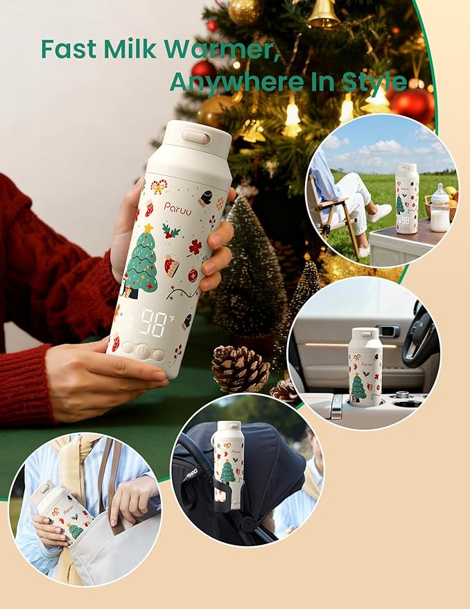 Paruu Portable Bottle Warmer for Travel, Easy-Clean Wide Mouth, Portable Milk Warmer with Fast Heating for Night Feeding, 7-Temp Control, Large 12oz Capacity, Christmas Limited Edition, Beige