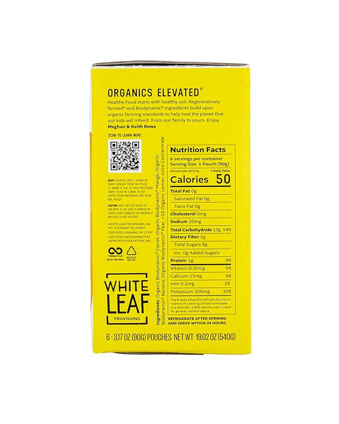 White Leaf Provisions Organic Purees / Baby Food Pouches - Fruits, Veggies & Grains, Toddler snack, Regeneratively Farmed, No Added Sugar, Non-GMO, BPA-Free Pouches 3.17 oz (Pack of 24, Mango + Carrot + Banana + Pear)