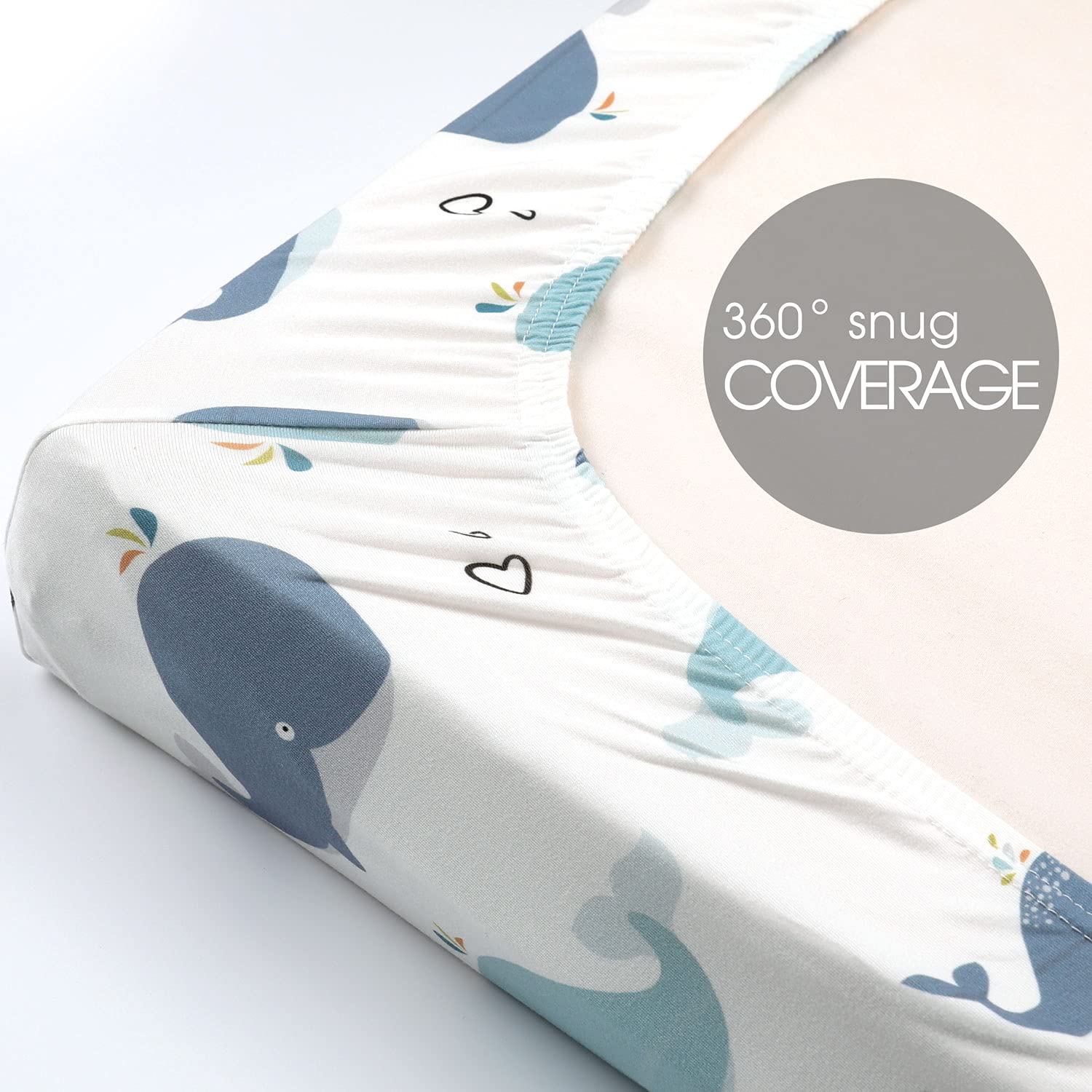 GRSSDER Stretchy Ultra Soft Jersey Knit Fitted Pack n Play Sheets Set 2 Pack, Portable/Mini Cribs Playards Sheets, Universal Fitted Pack and Play Mattress Sheets, Lovely Whale for Girls and Boys