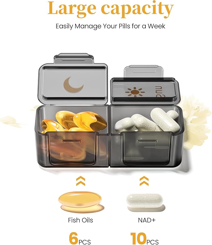 Zoksi Am Pm Pill Organizer 7 Day, Weekly Pill Box 2 Times a Day, Medicine Pill Organizer with Separate Compartment, Travel Pill Case Dispenser Portable for Vitamins, Fish Oils, Medicines(Black)