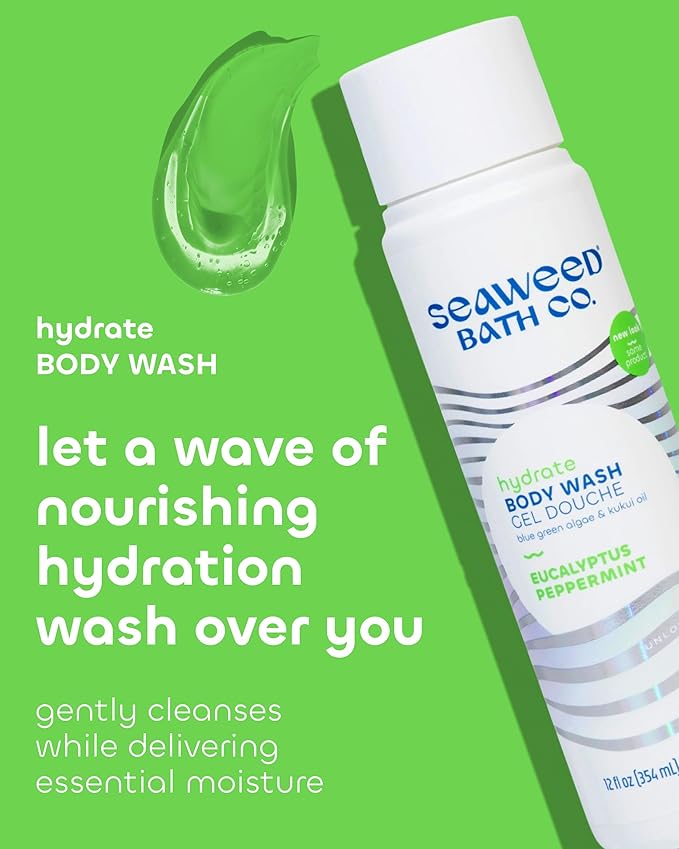 Seaweed Bath Co. Hydrate Body Wash, Eucalyptus Peppermint Scent, 12 Ounce, Shower Gel for Men & Women, Vegan, Paraben Free, Sulfate Free, Cruelty Free