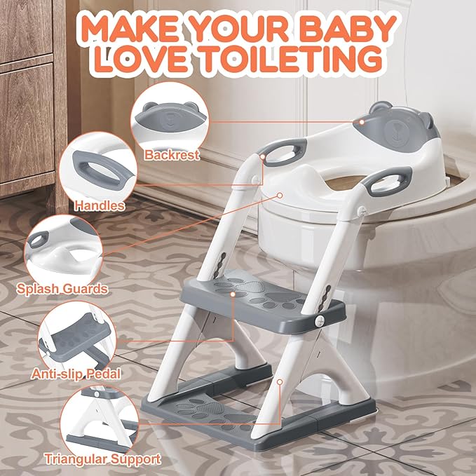 SKYROKU Potty Training Seat for Toddlers – 2-in-1 Adjustable Potty Ladder with Step Stool, Anti-Slip Cushion, Splash Guard & Extra-Wide Pedals, Supports 200+ lbs, Ideal for Boys & Girls