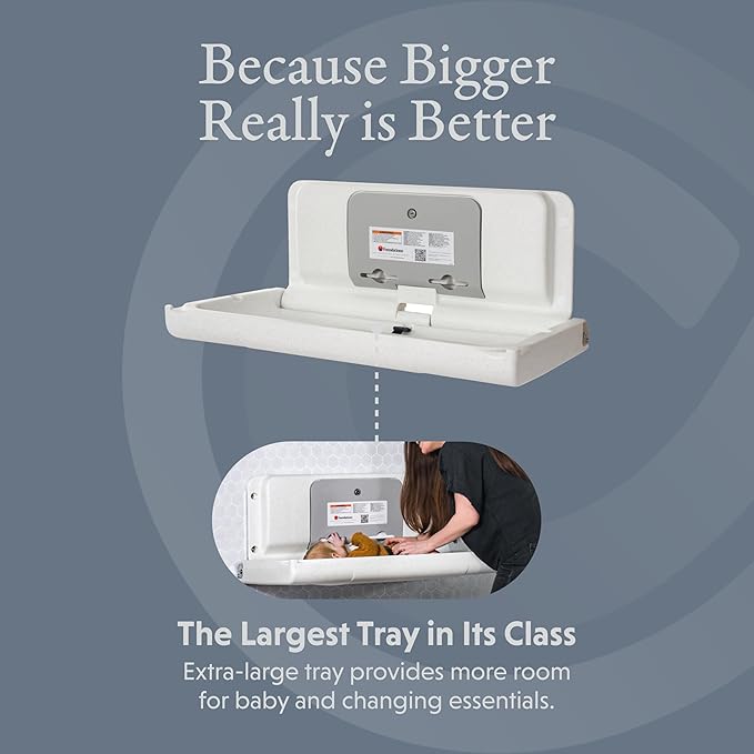 Foundations Ultra Horizontal Wall Mounted Baby Diaper Changing Station, Oversized Changing Surface, Plastic with Stainless Steel Hinge - White Granite (200-EH-03)