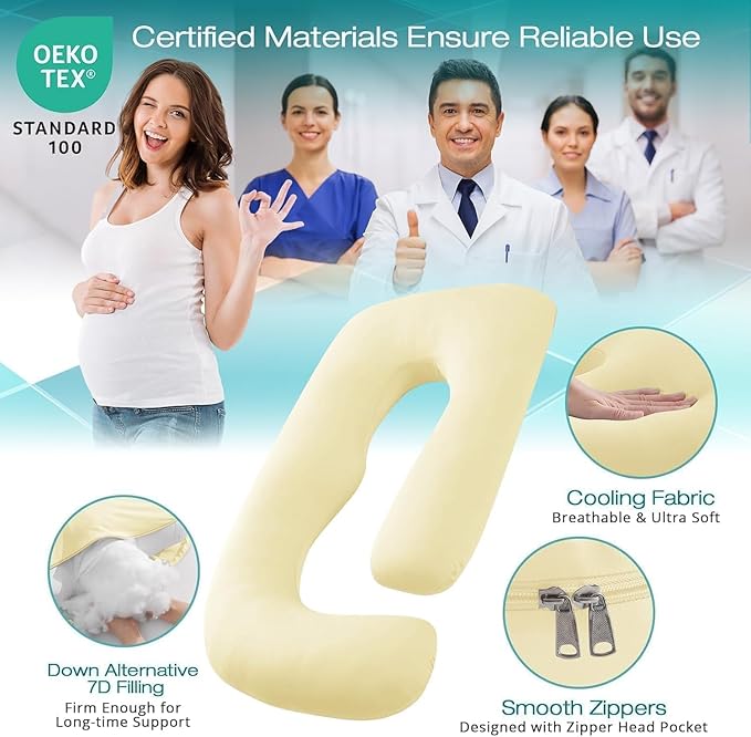 Sasttie Pregnancy Pillows for Sleeping, Jumbo U Shaped Cooling Full Body Pillow with Removable Cover, Pregnant Women Must Haves, Maternity Essential, Light Yellow