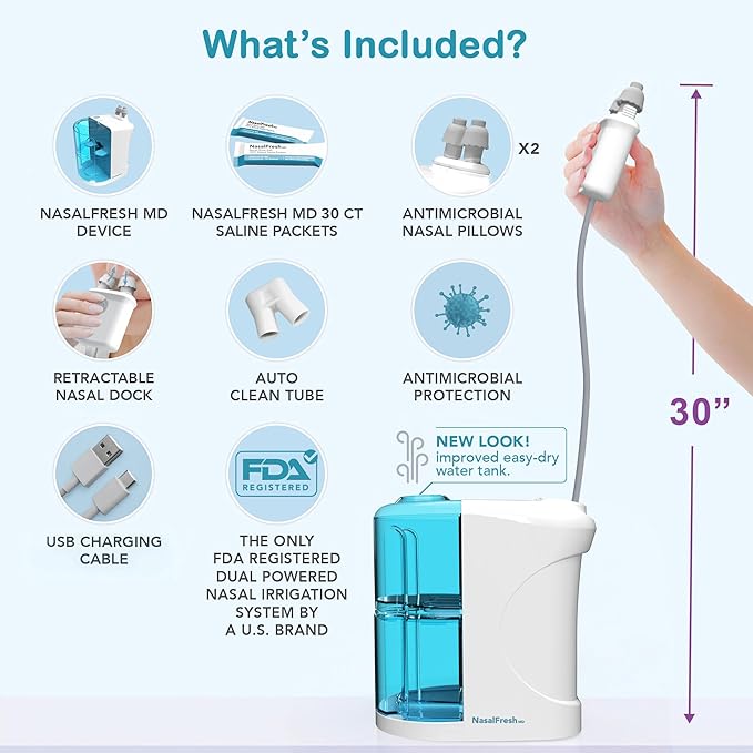 NASALFRESH MD - Dual Powered Nasal Irrigation System Nasal Rinse and Wash - Sinus Decongestant Relief System w/ 30 Saline Packets - Rechargeable - 1 Set of Nose Pillows - Snoring Remedy