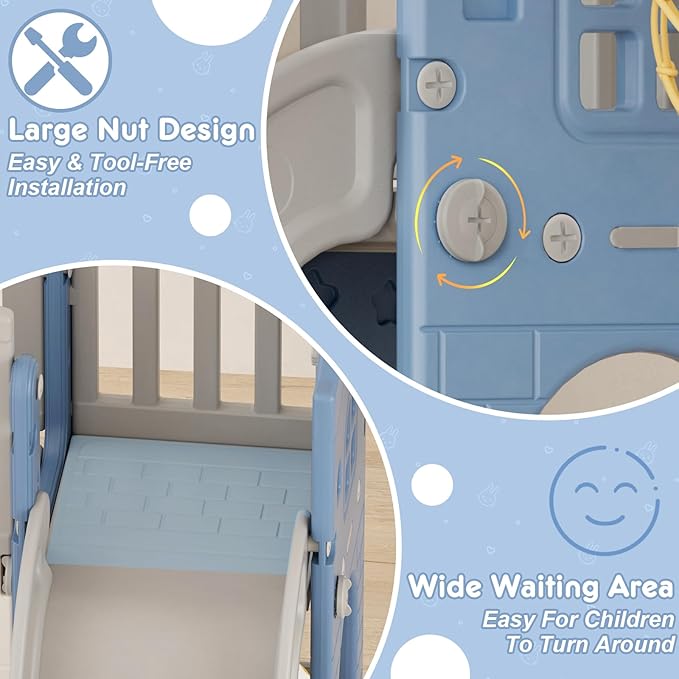 YUFU 8 in 1 Toddler Slide Set, Kids Slide for Toddlers Age 1-3, Toddler Playset with Climber, Basketball Hoop and Ball, Outdoor Indoor Playground for Toddlers 1-3 (Blue+Gray)