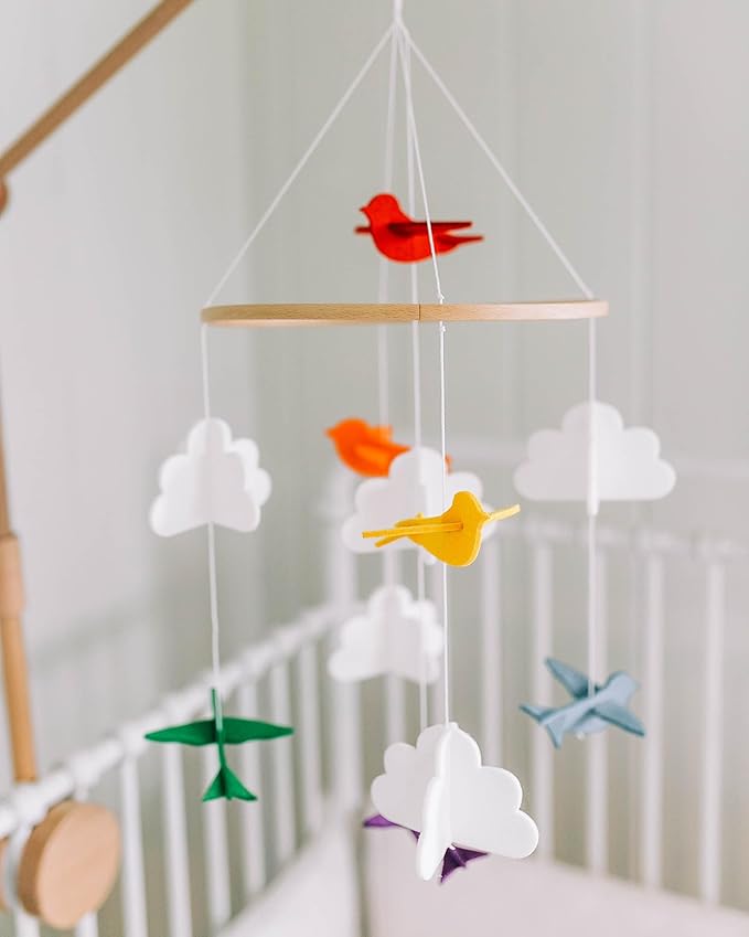 Baby Crib Mobile – Wooden Hanging Nursery Mobile for Bassinet, Baby Nursery Decor for Boys & Girls, Perfect for Shower Gift (Rainbow Birds in The Clouds, w/Garland) Sorrel + Fern