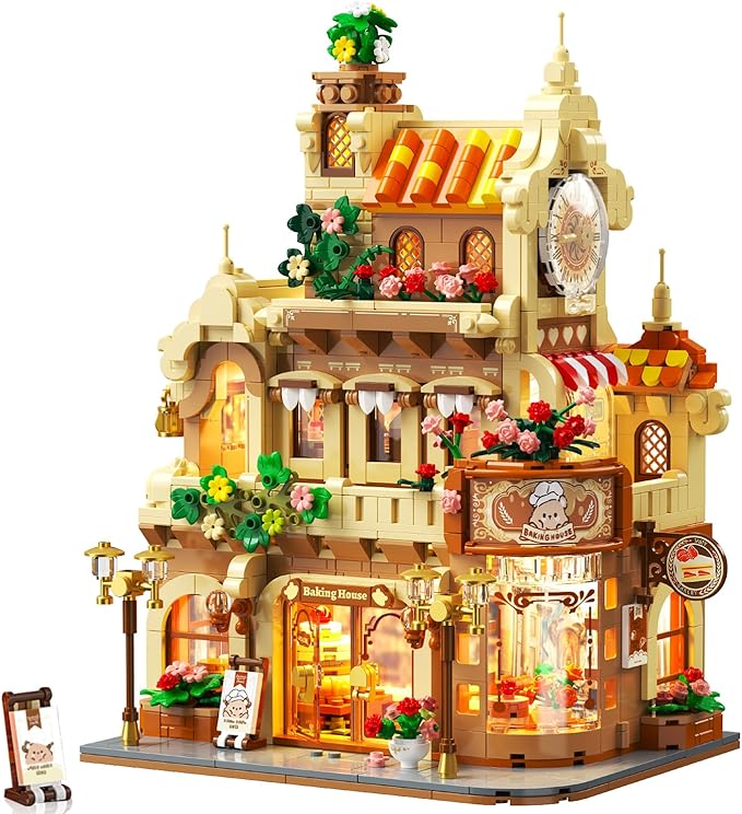 Flower Bakery Coffee House Building Set with Lights, City Cafe Baking House Display Model Toy, 1289 PCS Modular Construction Building Blocks Kit Home Decor, Gift for Adults Teens Girls 12+