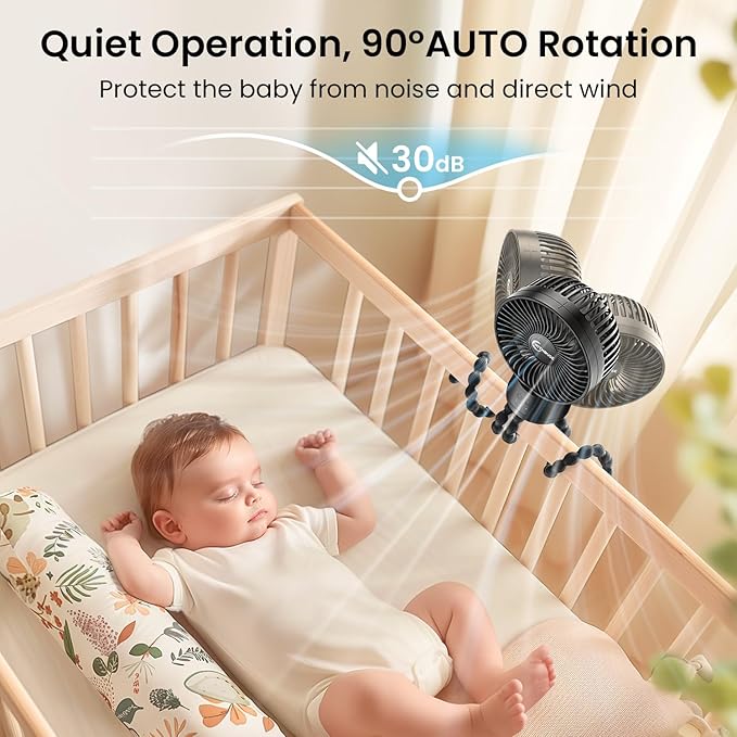 20000mAh Portable Stroller Fan with Auto Oscillating, Extended Anti-Slip Detachable Flexible Tripod, Power Bank & LED Light, 3-Speed Quiet Long Time Cooling Clip On Fans for Baby Crib Car Seat Travel