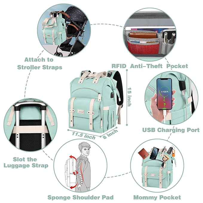 Jiefeike Diaper Bag Backpack,Green diaper bags for baby girl boy, girl diaper bag backpack, Insulated Pockets Portable toddler diaper bag with USB Charging Port, RFID Anti-Theft Pocket