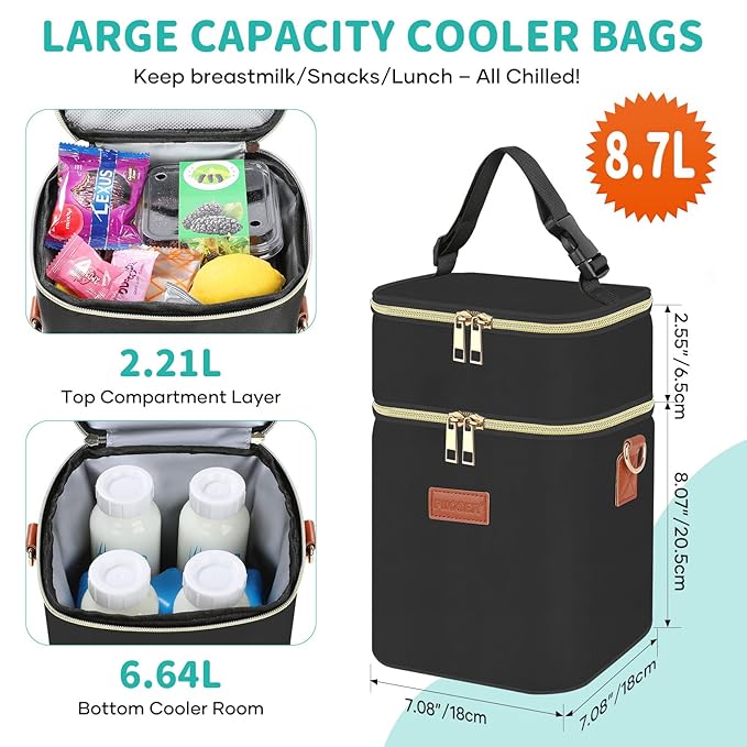 PIIOSER Baby Bottle Tote Bag with Ice Pack, Fits 4 Baby Bottles Up to 9 Ounce, Small Insulated Breastmilk Cooler Travel Bag with Shoulder Strap for Nursing & Working Mom Daycare (Black-S)