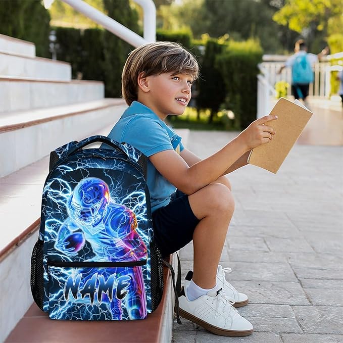 Boys School Backpack, Personalized Football Backpacks for Kids Kindergarten Senior Middle, 17 Inch Lightweight Lightning Bookbag with Custom Name, Cool Back to School Gift
