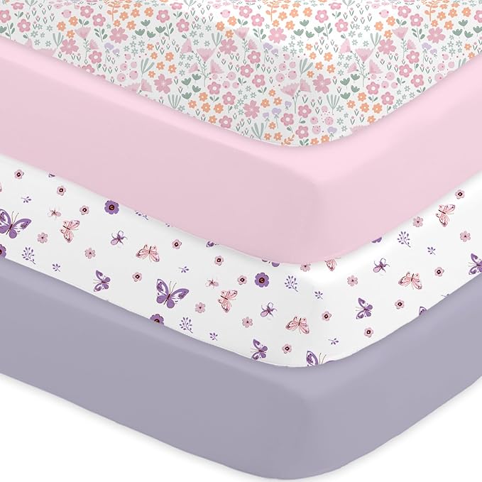 Bimocosy Baby Crib Sheets for Girls, Fitted Crib Sheet 4 Pack for Standard Crib and Toddler Mattresses, Super Soft Breathable Microfiber Baby Sheet 28x52x8in, Ditsy Floral/Pink/Butterfly/Purple