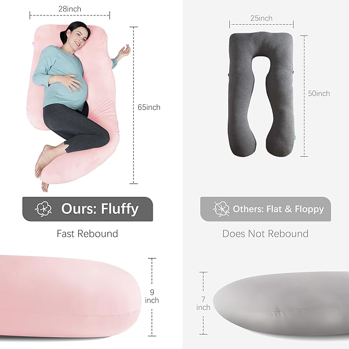 MOON PARK Pregnancy Pillows for Sleeping - U Shaped Full Body Maternity Pillow with Removable Cover - Support for Back, Legs, Belly, HIPS - 65 Inch - Pink