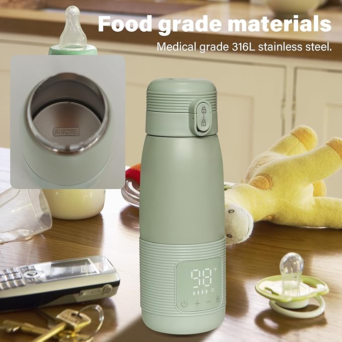Portable Bottle Warmer for Travel - 5-Min Heating for Breast Milk, Formula & Water, 12oz Large Capacity, Long Battery Life, Baby Flask for Vehicle Car Airplane Journey