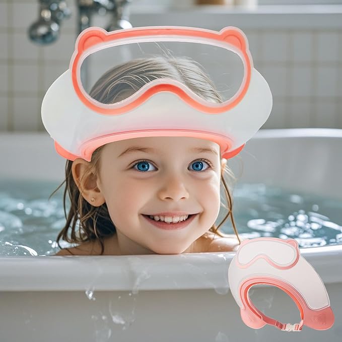 Baby Shower Cap Shield, Shower Cap for Kids, Visor Hat for Eye and Ear Protection for 0-9 Years Old Children, Cute diving goggle Shape Makes The Baby Bath More Fun (Pink)