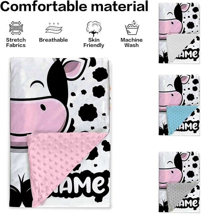 Personalized Baby Blankets for Girls, Custom Name White Cow Pattern Baby Blanket, Soft Minky Dot Blanket for Newborns and Toddlers, Ideal for Baby Showers Christmas Brithday Gifts