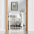 BABELIO Baby Gate for Doorways and Stairs, 31-36" Pet Gate with Wide Walk Thru Door and Lock Indicator, No Drill Pressure Mounted Safety Gate with Double Lock and Self-Closing, White