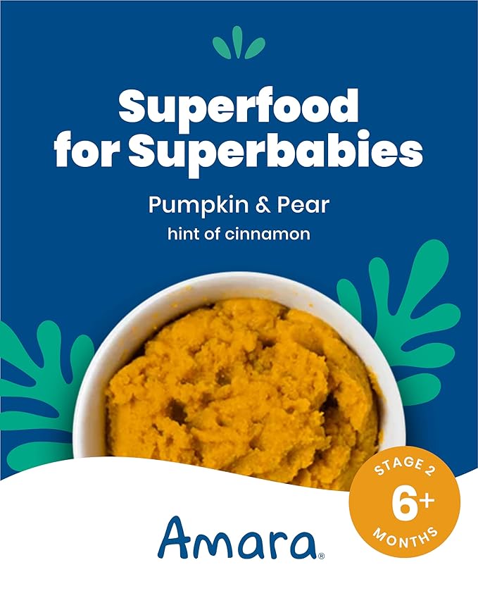 Amara Organic Baby Food - Stage 2 - Pumpkin Pear - Baby Cereal to Mix With Breastmilk, Water or Baby Formula - Shelf Stable Baby Food Pouches Made from Organic Fruit and Veggies - 10 Pouches, 3.5oz Per Serving