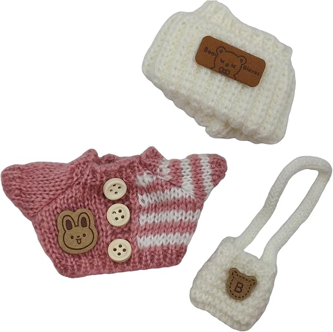 Handmade Crochet Doll Clothes - Compatible with 5.91-6.7inch (15-17cm) Dolls as Accessories , Adorably Stylish Set for Dolls, Cute Doll Outfit with Accessories ( Pink Sweater + White Hat +White Bag)