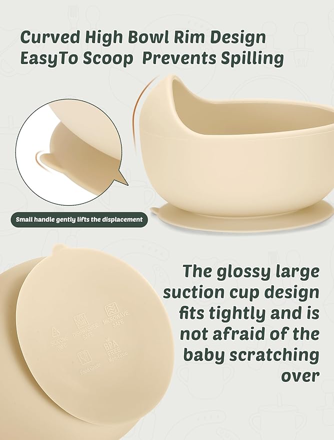 Silicone Baby Feeding Set, 18PCS Baby Led Weaning Supplies, Eating Essentials Utensils with Suction Plate and Bowl, Adjustable Silicone Bib, for 6+ Months (Blue+Beige)