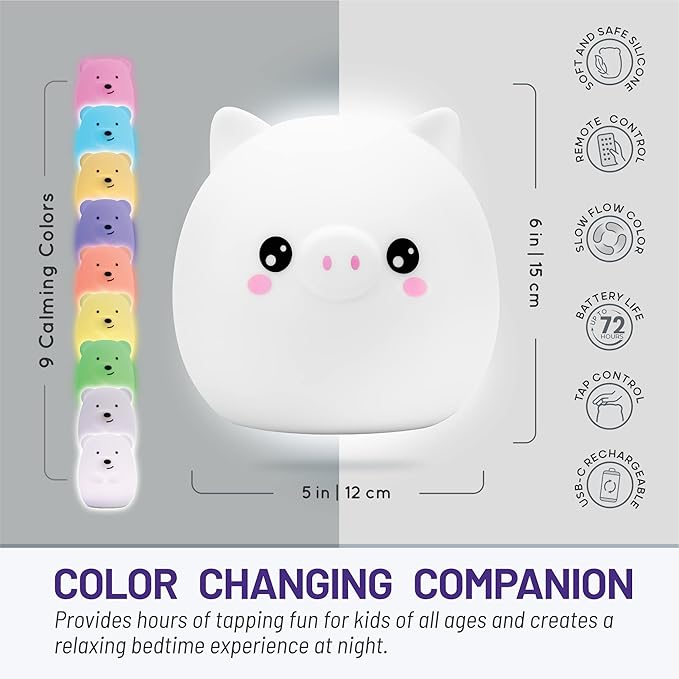 Lumipets Remote Control Silicone Night Light for Kids - Pig Design with 9 Soft Colors & Sleep Timer - Rechargeable, Battery-Operated Lamp for Bedroom | Baby Nursery, Toddler, Girls, Boys