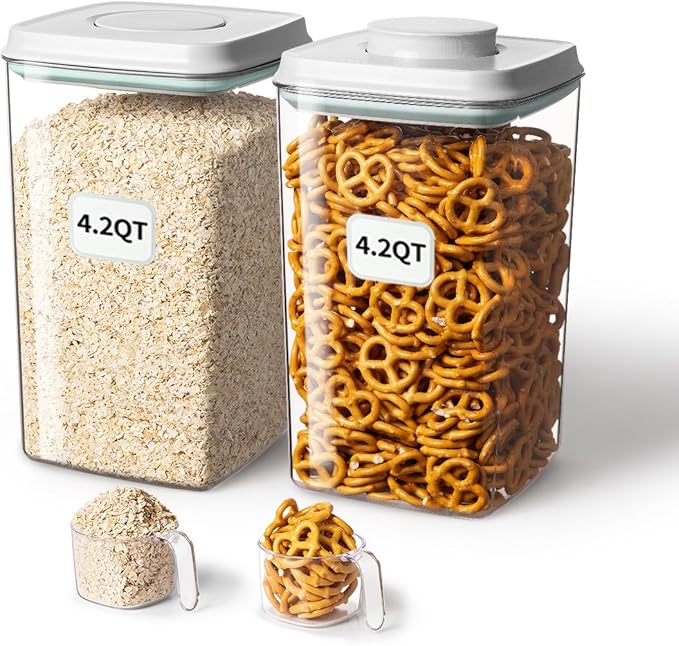 Ankou Airtight Food Storage Container with Pop Lid & 130ml Scoop, 4L/4.2qt *2 BPA-Free Cereal, Rice, Flour, Pasta & Snack Container, Stackable & Durable,Kitchen Pantry Organizer